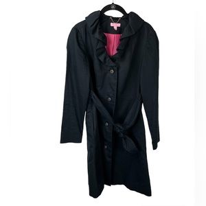 Lilly Pulitzer Kelli Black Long Belted Trench Coat Jacket Ruffles Collar Size 8